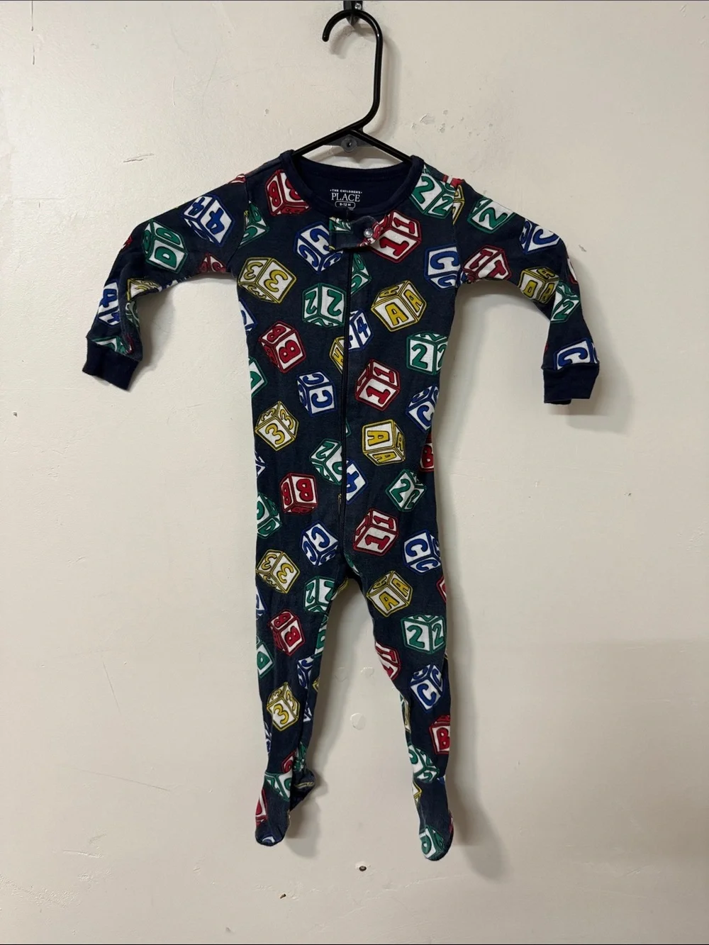 The Children's Place Navy Zip-Up Footed One-Piece with Colorful Block Print